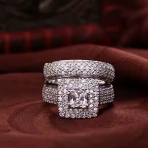 Sterling Silver White Moissanite Bridal Ring Set 8 1/2 Double Band